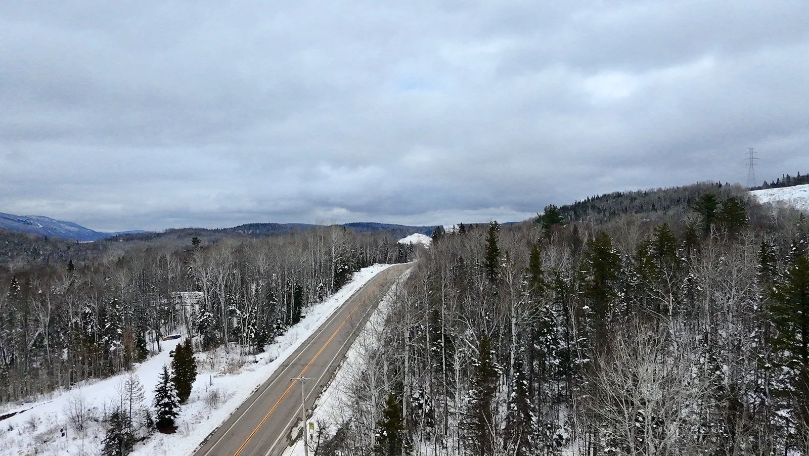 Route de montagne enneigée traversant une forêt de conifères et d'arbres nus sous un ciel nuageux, avec des montagnes en arrière-plan. Octave Immobilier.