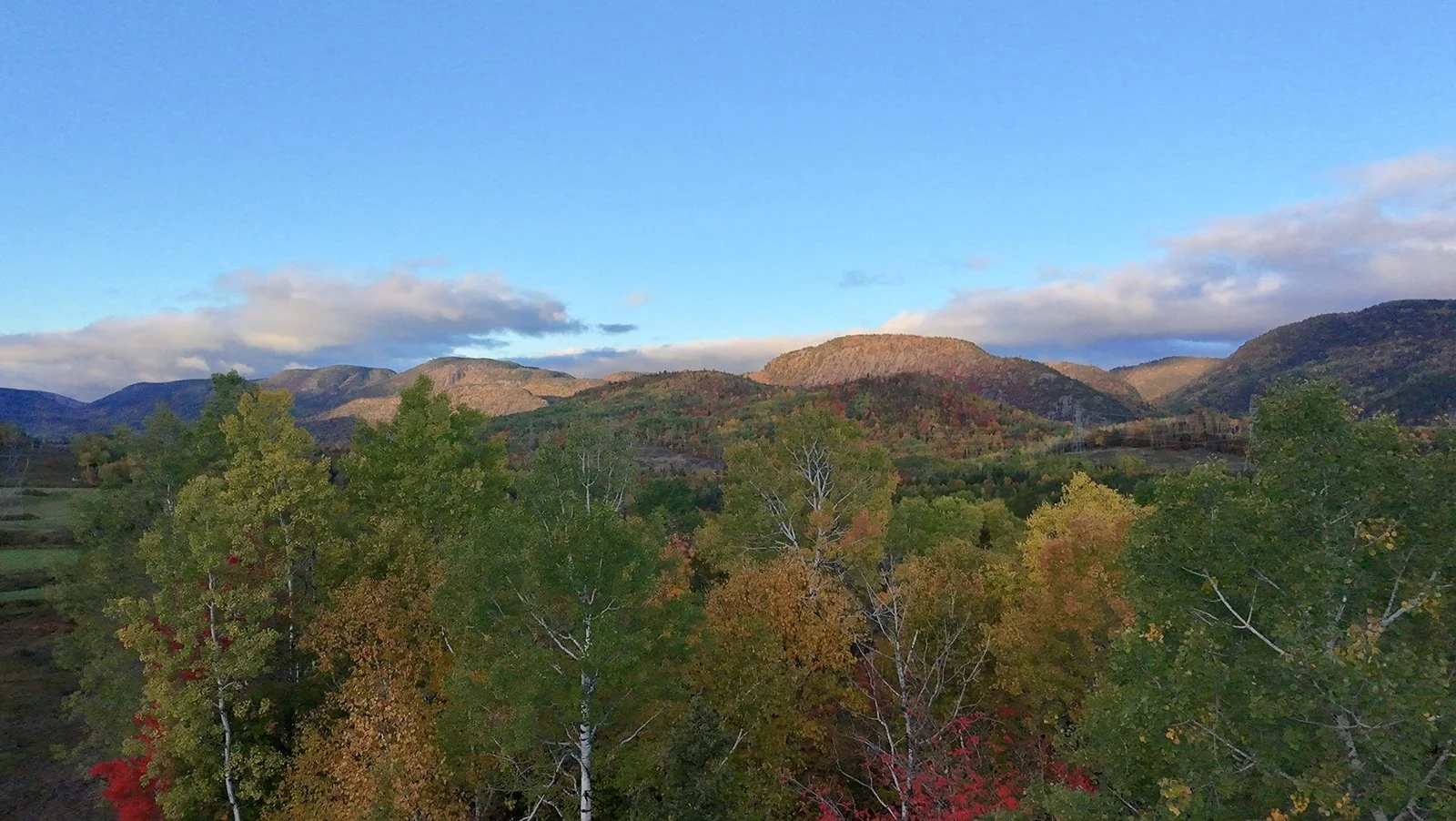 Paysage de montagnes avec des arbres aux couleurs automnales sous un ciel bleu avec quelques nuages.