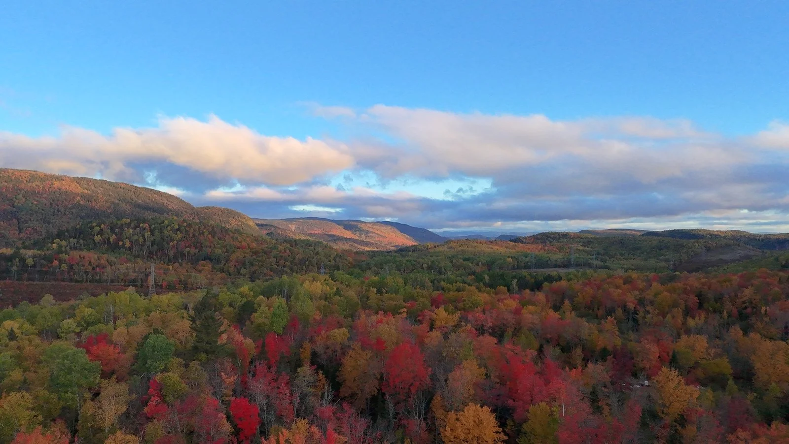 Paysage de montagnes et forêt aux couleurs automnales avec ciel partiellement nuageux