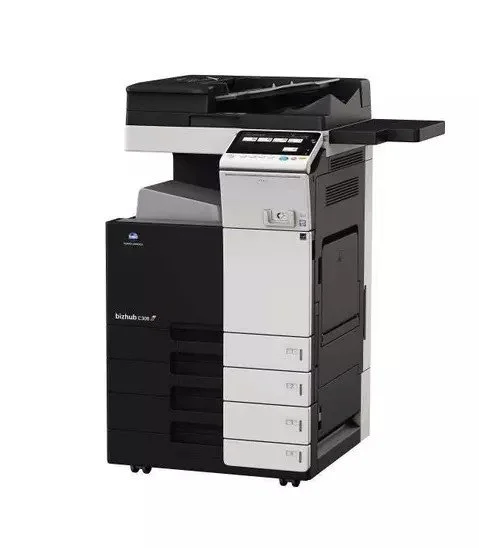 Black and white multi-function office laser printer with a control panel, paper trays, and an automatic document feeder on top.