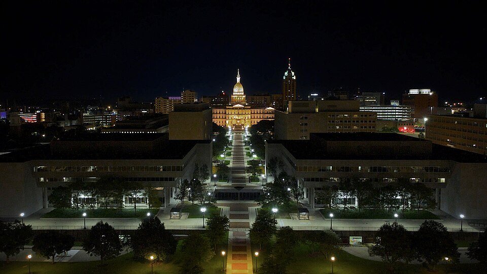 Michigan State Capitol and downtown Lansing at night