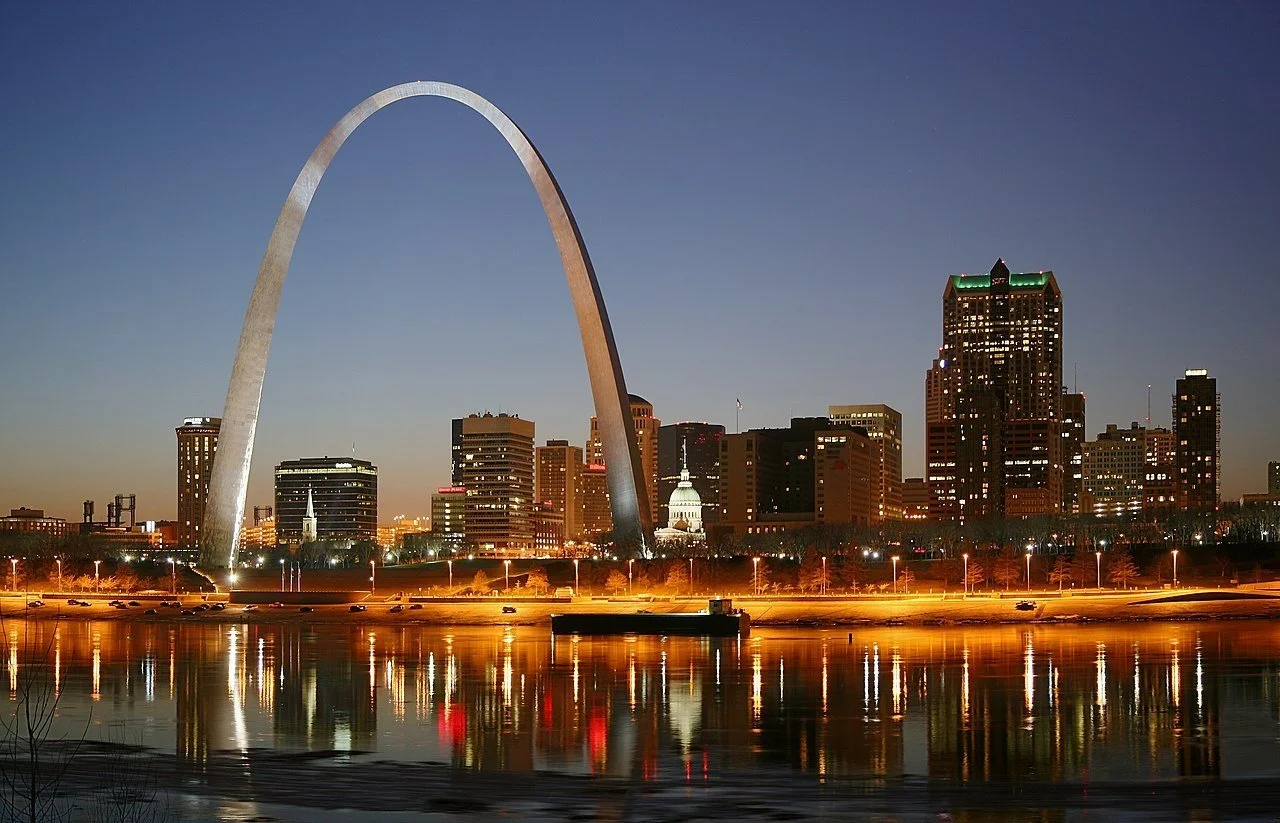 Gateway Arch and St. Louis riverfront at night, Missouri