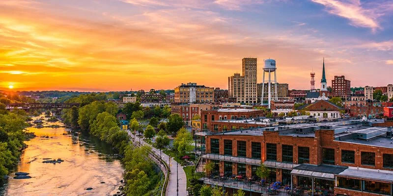 Danville, Virginia waterfront and downtown skyline at sunset