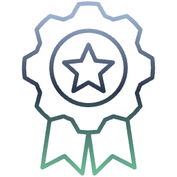 An icon of a medal with a star in the center, surrounded by a gear shape and a ribbon at the bottom.