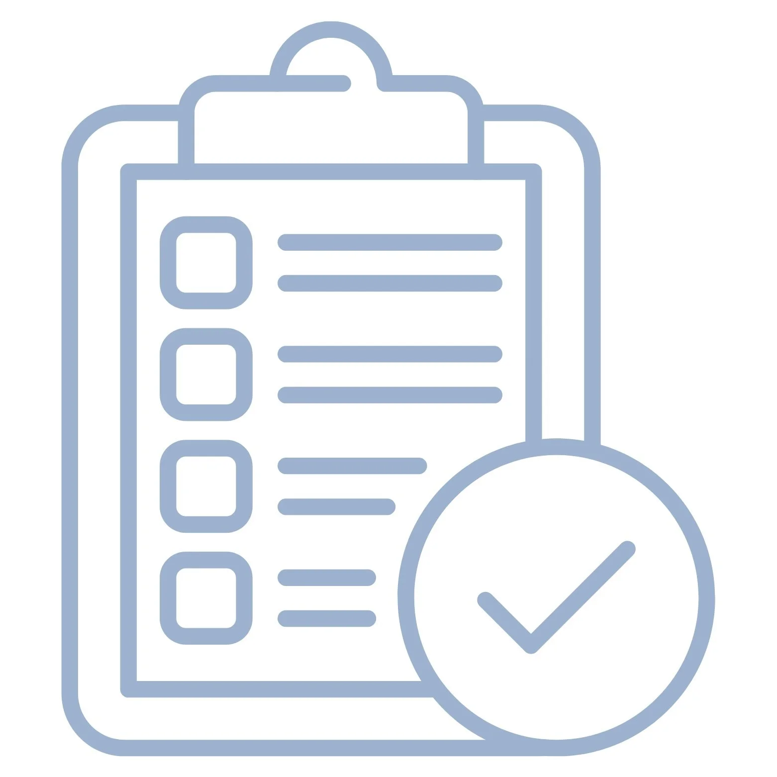 Line art illustration of a clipboard with checklist and a checkmark symbol.