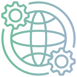 A globe with two gears around it, representing global technology or interconnected systems.