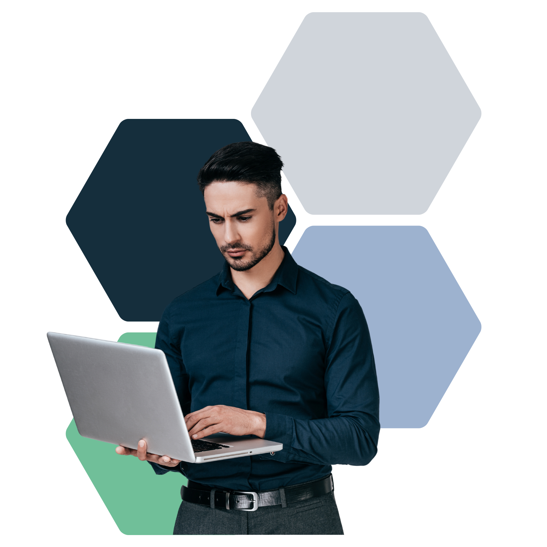 A man in a dark blue shirt looking at a laptop with a background of overlapping hexagons in various shades of blue, gray, and green.