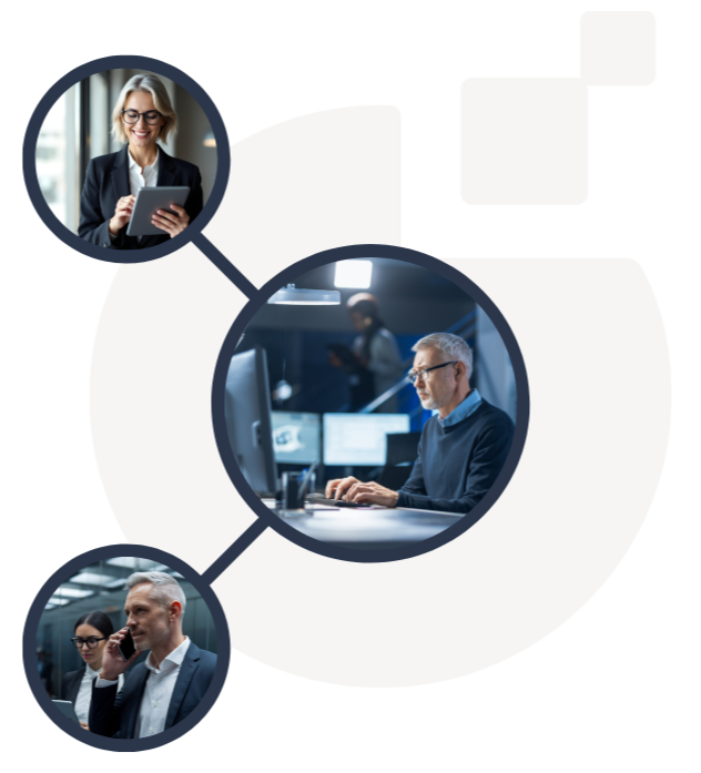 Collage of three business professionals using electronic devices in a work environment.