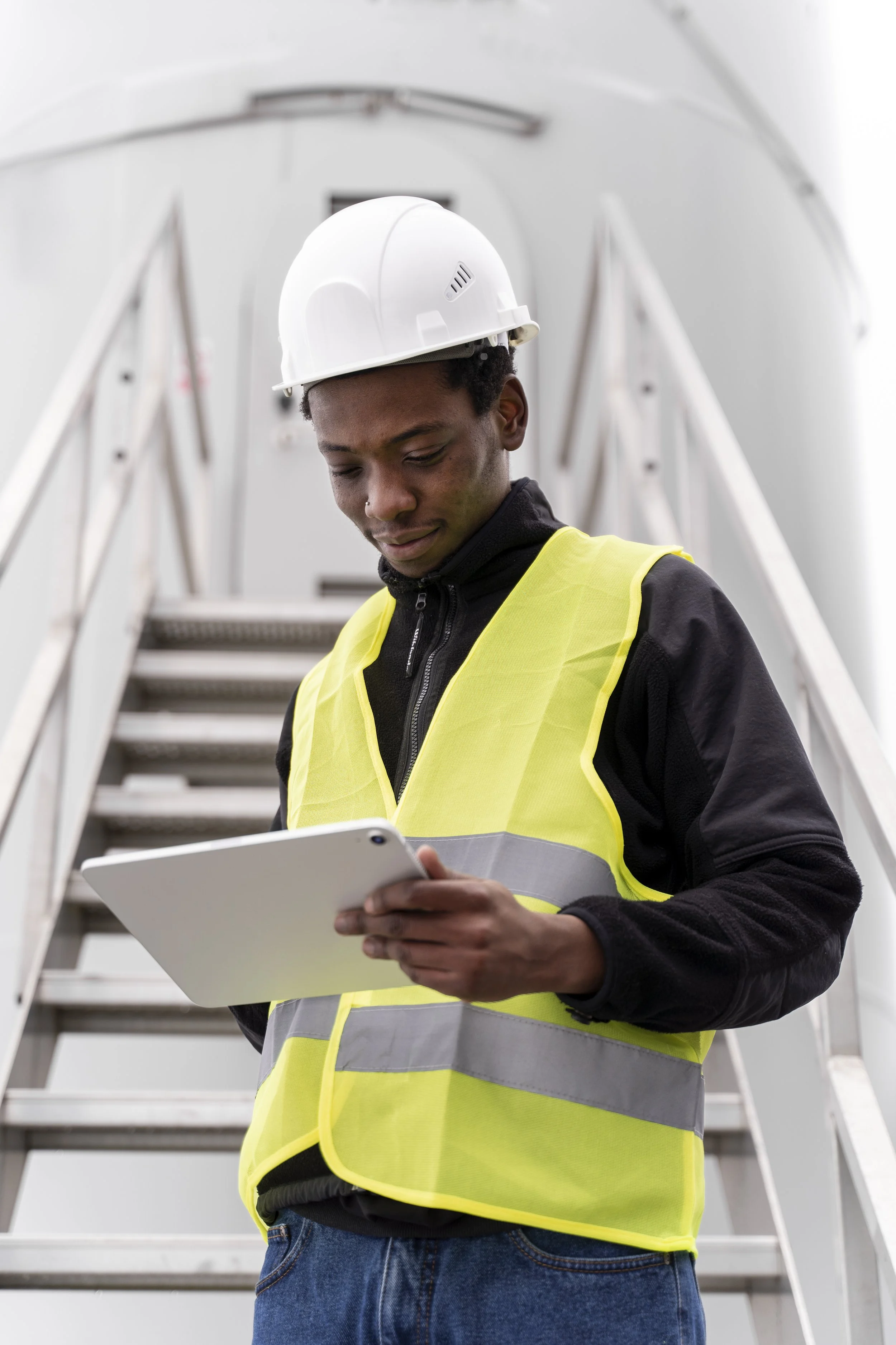 A male construction worker wearing a white safety helmet and a yellow reflective vest stands on metal stairs, looking at a tablet device.
