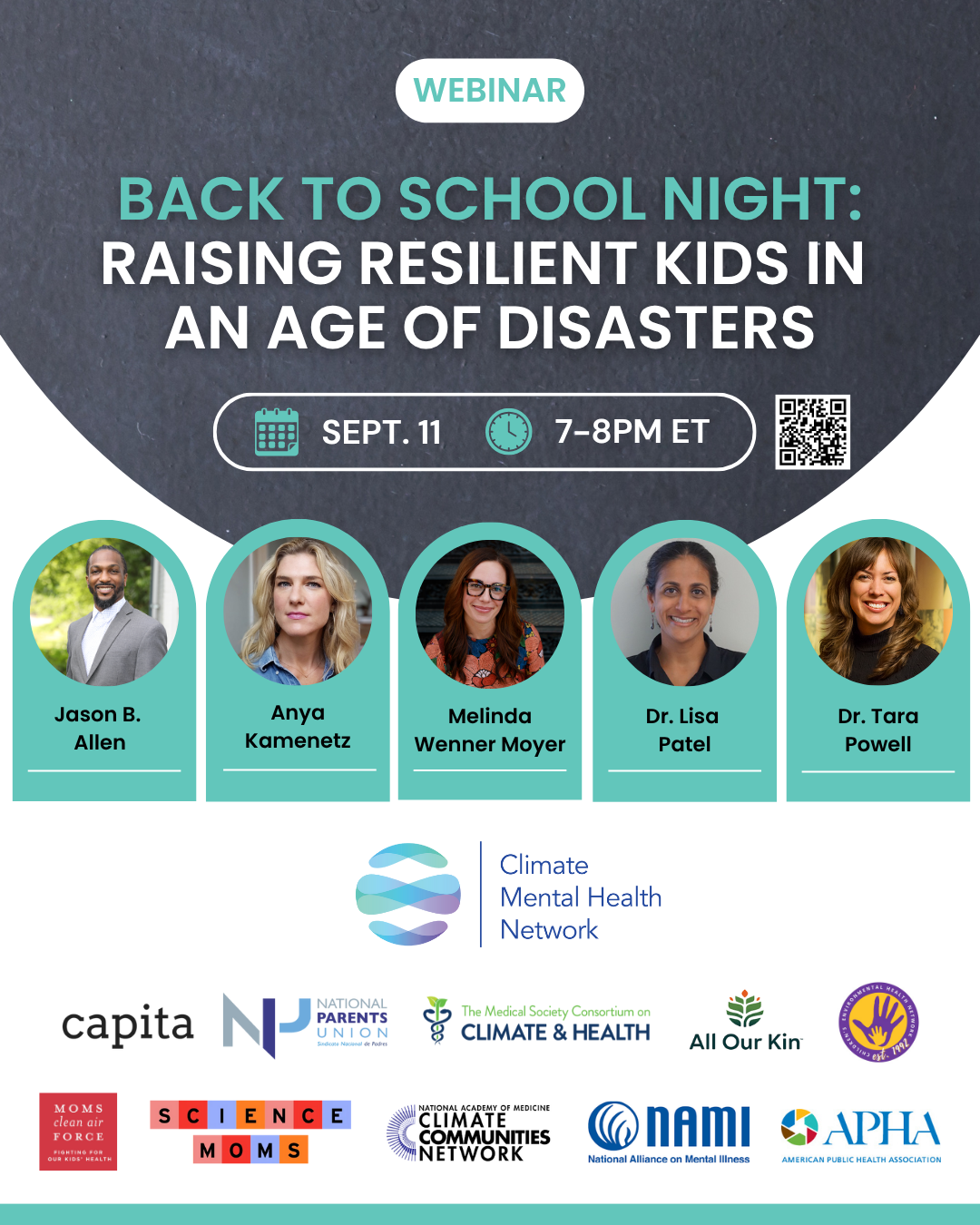 Back to School Night: Raising Resilient Kids In An Age of Disasters, Thursday, September 11, 2025, 7:00pm EST, presented by Climate Mental Health Network in partnership