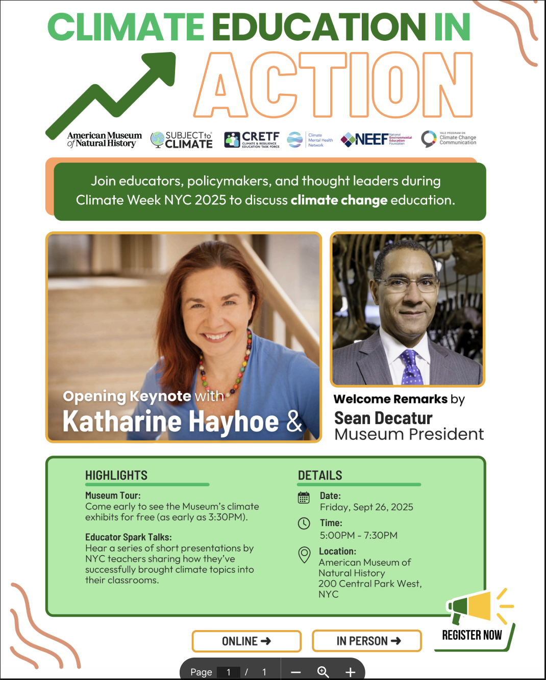 Climate Week NYC: Education in Action, Climate Week 2025 at the American Museum of Natural History, Friday, September 26, 5pm-7:30pm EST, co-hosted by NWF/CRETF