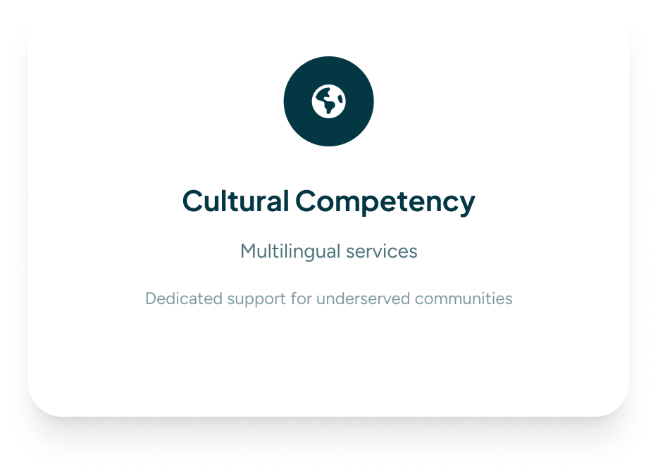 A digital presentation slide titled "Cultural Competency" with a black icon of the Earth above the title, and the subtitle "Multilingual services" with additional text "Dedicated support for underserved communities."