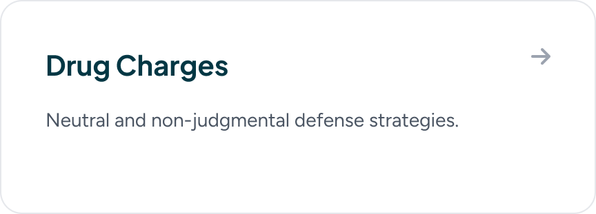 Slide titled 'Drug Charges' with subheading 'Neutral and non-judgmental defense strategies' and a right arrow icon.
