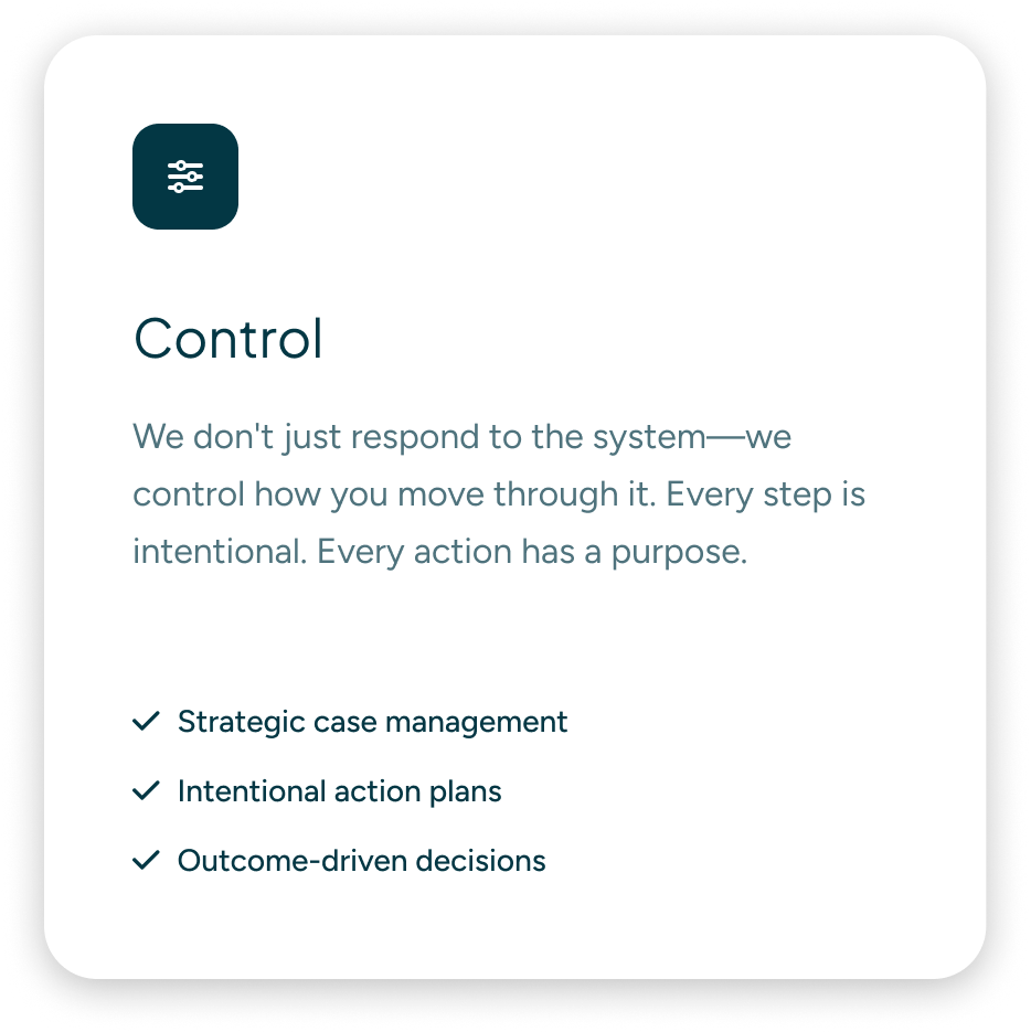 Mobile app screen displaying a control section with a brief description and a list of three items: strategic case management, intentional action plans, outcome-driven decisions.