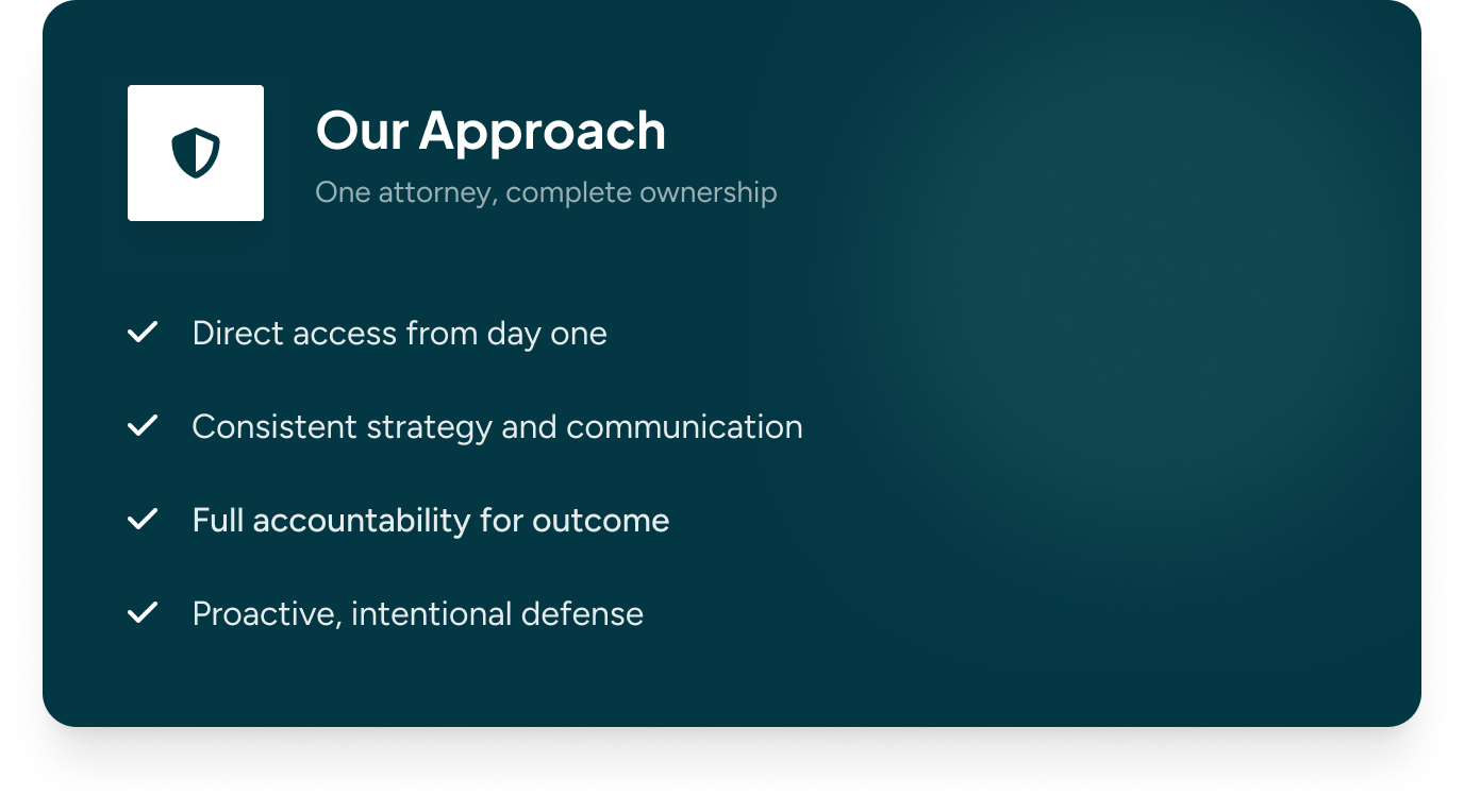 Slide presentation titled 'Our Approach' with a shield icon. The slide lists four points: direct access from day one, consistent strategy and communication, full accountability for outcome, proactive, intentional defense.