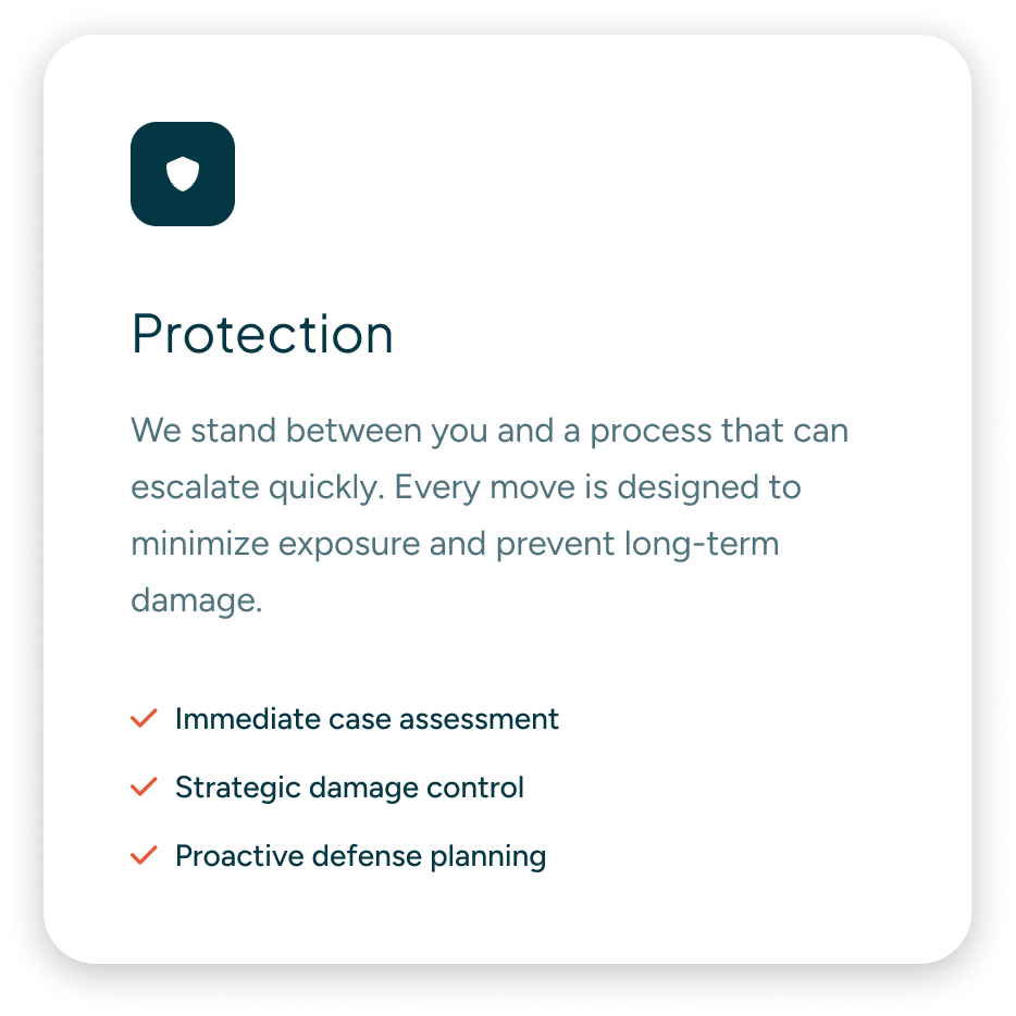 Information card titled "Protection" with a shield icon, explaining the importance of quick response in escalation processes to minimize exposure and damage, and listing three strategies: immediate case assessment, strategic damage control, proactive defense planning.