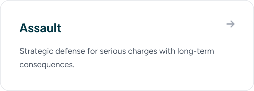 Slide with the title 'Assault' and text about strategic defense for serious charges with long-term consequences.