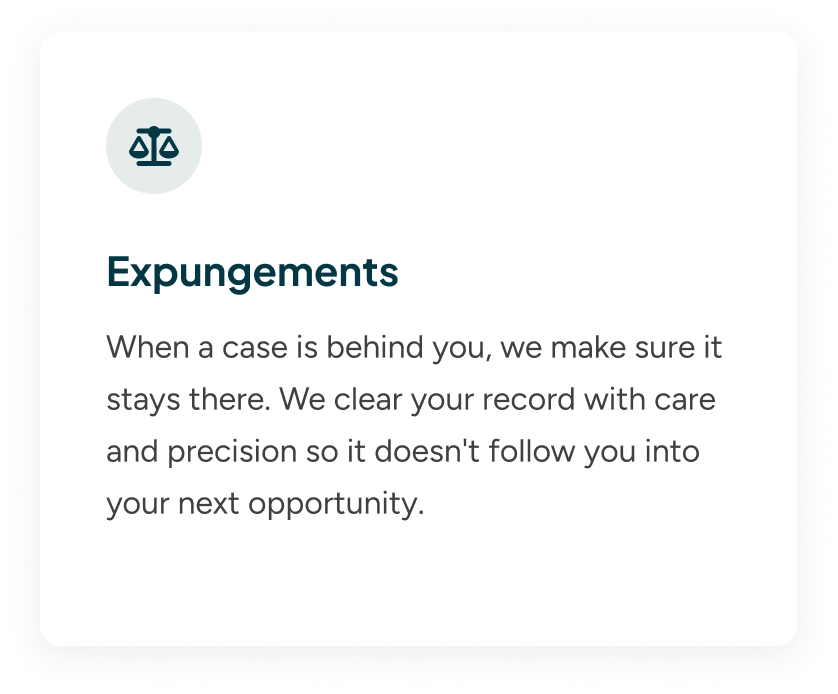A card with the title 'Expungements' and a message about clearing criminal records, featuring an icon of a balanced scale.