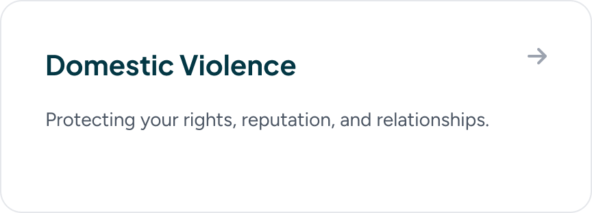 Text slide titled "Domestic Violence" with the subtitle "Protecting your rights, reputation, and relationships."