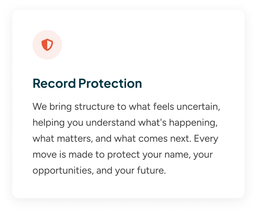 A digital screen displaying a message about 'Record Protection' with a red shield icon at the top, explaining the importance of protecting personal information and future opportunities.
