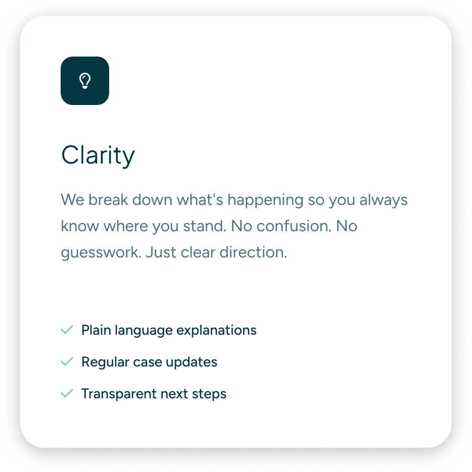 A digital interface with a text section titled 'Clarity' explaining how it breaks down what is happening for clearer understanding, with three bullet points about plain language explanations, regular case updates, and transparent next steps.