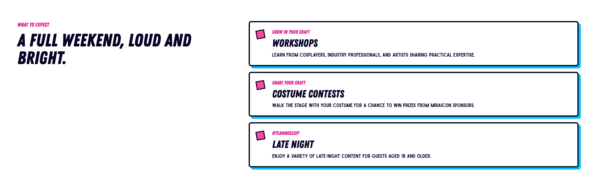 Event schedule listing workshops, costume contests, and late-night content with colorful text and icons.