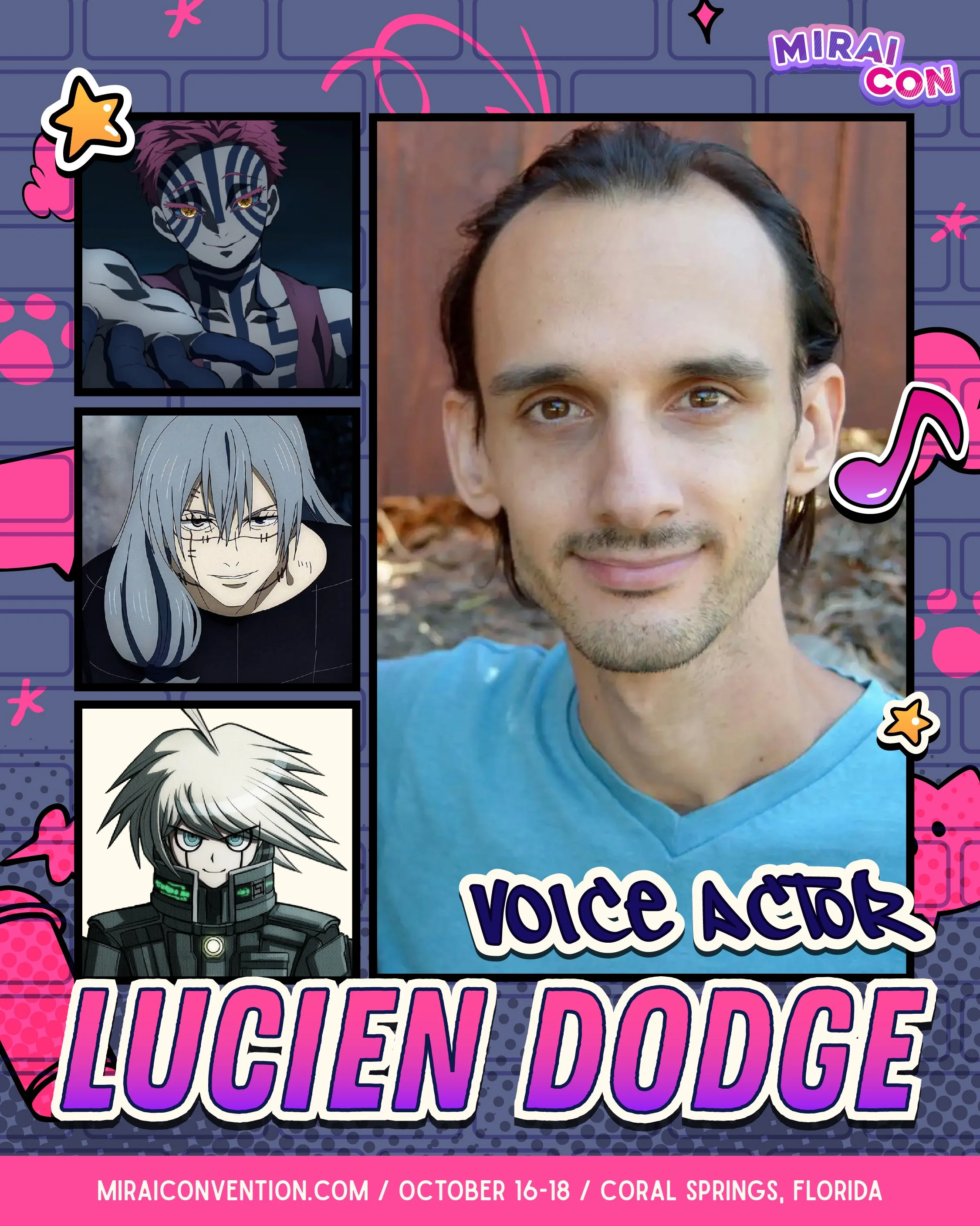 Anime characters from various series in a group with a blue sky and clouds background, featuring the text "Special Guest Lucien Dodge Voice Actor" in purple at the top.