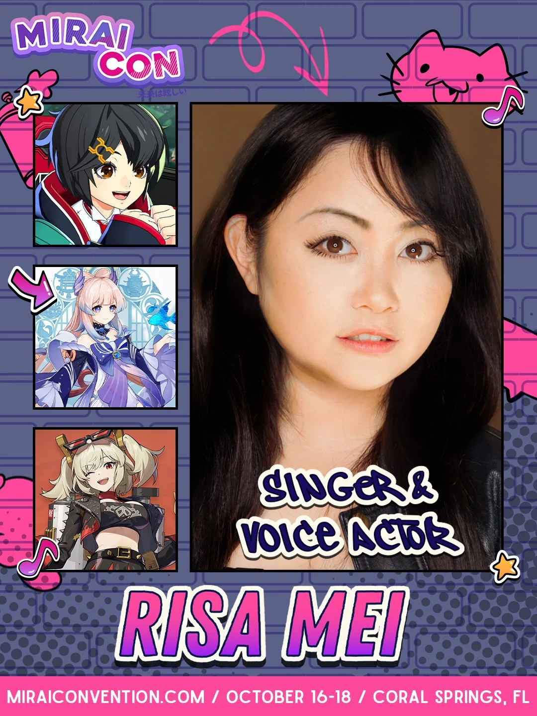 Image of actress Risa Mei with the text 'Singer & Voice Actor' and a promotional poster for Miraiconvention. The poster features three animated characters on a purple background with pink and white accents, including a female anime character with black hair, a female character with pink hair and a blue outfit, and a female with blonde hair and a black and red outfit.