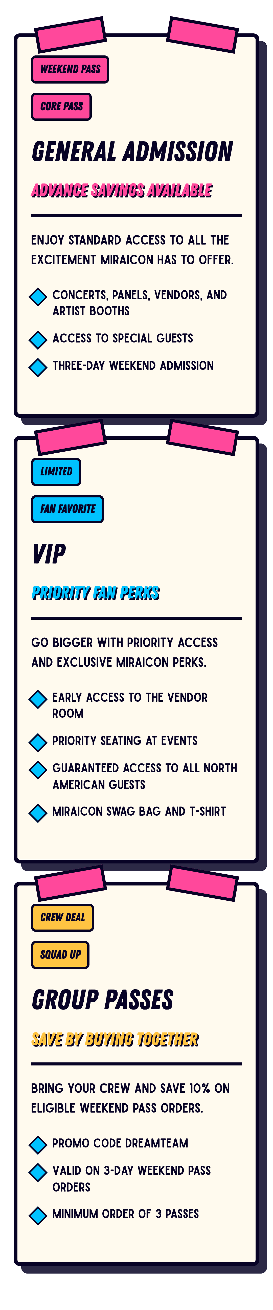 Event ticket with sections for weekend passes, core pass, general admission, VIP passes, and group passes, detailing access and perks.