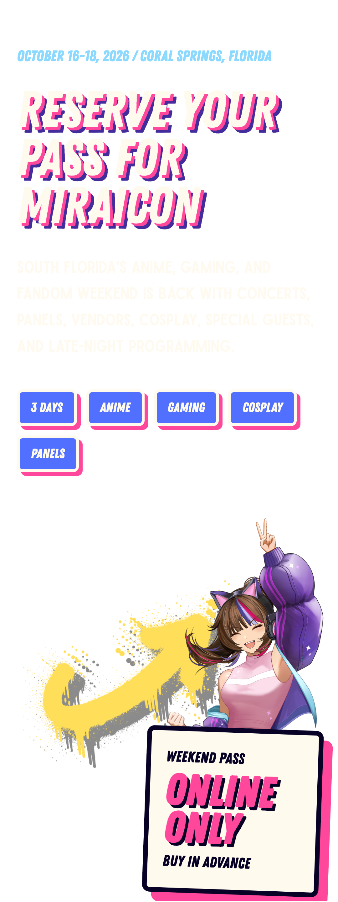 Promotional graphic for a convention featuring a girl with headphones and cat ears, colorful text promoting sales for anime, gaming, cosplay, and panels, with an online-only weekend pass advertisement.