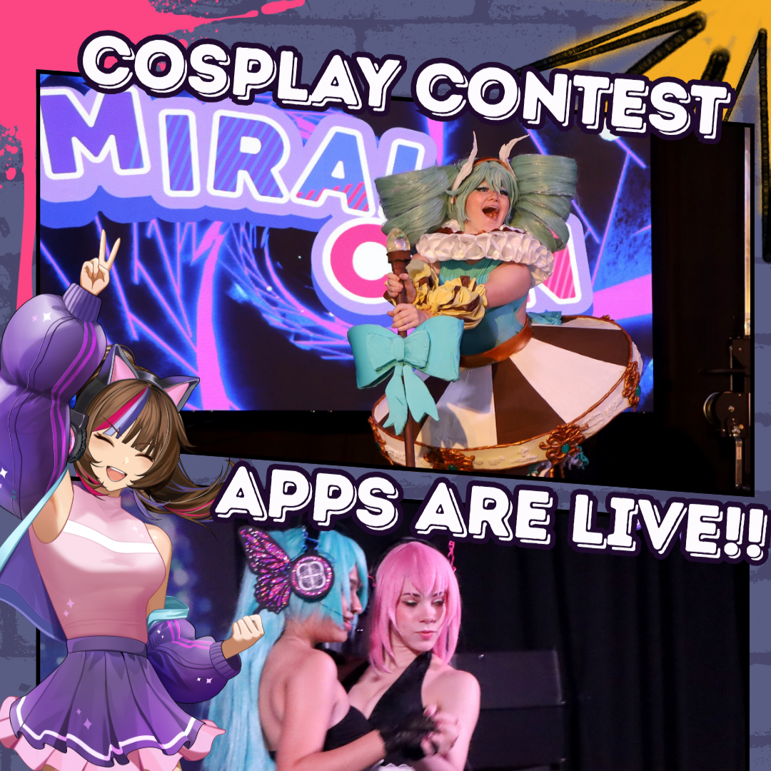 Colorful promotional poster for Miraicon featuring three cosplayers dressed as characters from anime or video games. The poster announces that applications are now open, with a deadline of August 1.