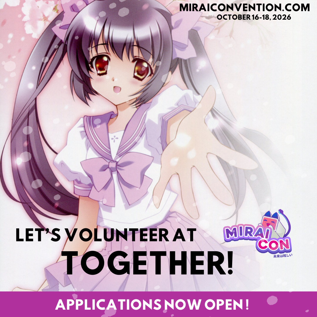 A smiling young girl holding a sign that says, "please volunteer it'd be really cool if you did," with colorful background and text indicating a volunteer event supporting local anime and Japanese culture at Mirai Con.