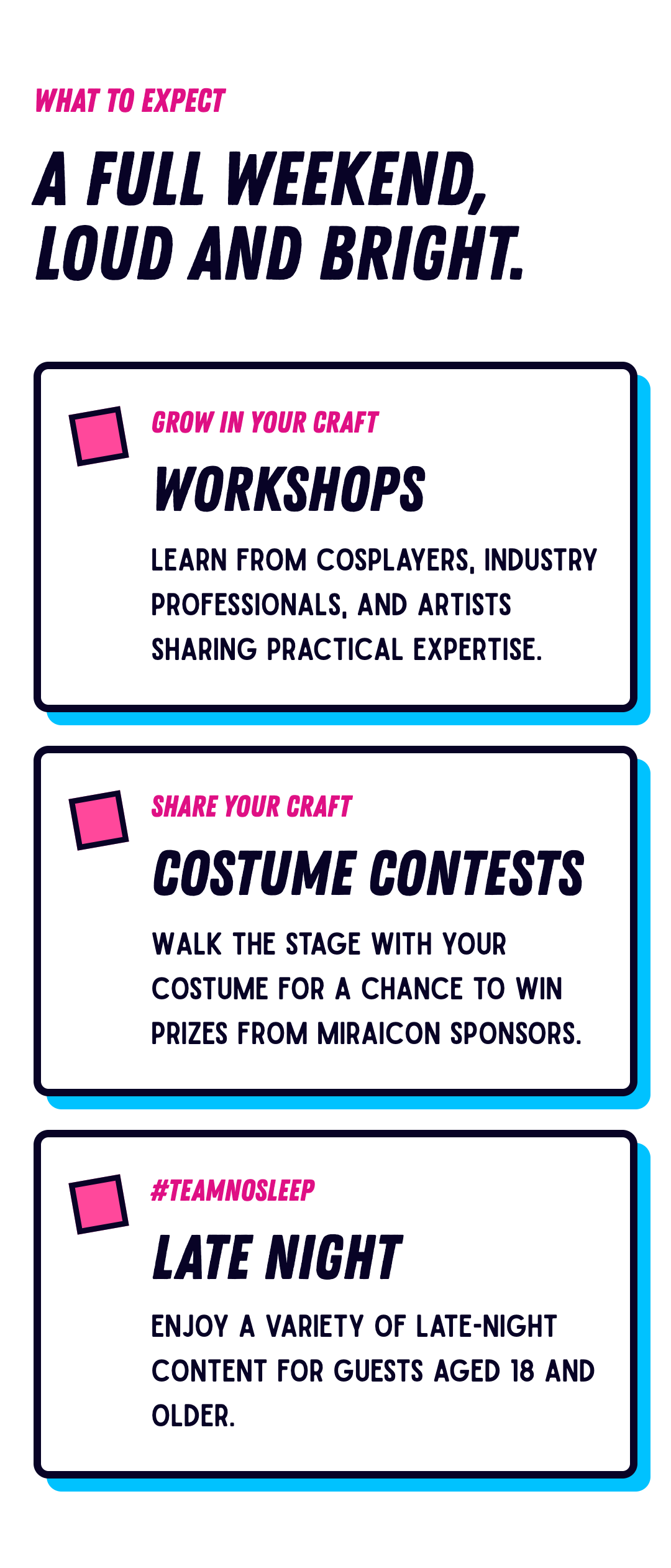 Event schedule poster with three sections: workshops on cosplay industry sharing, costume contest with stage walk for prizes, and late-night content for guests 18 and older, with vibrant pink, purple, and black text and graphics.