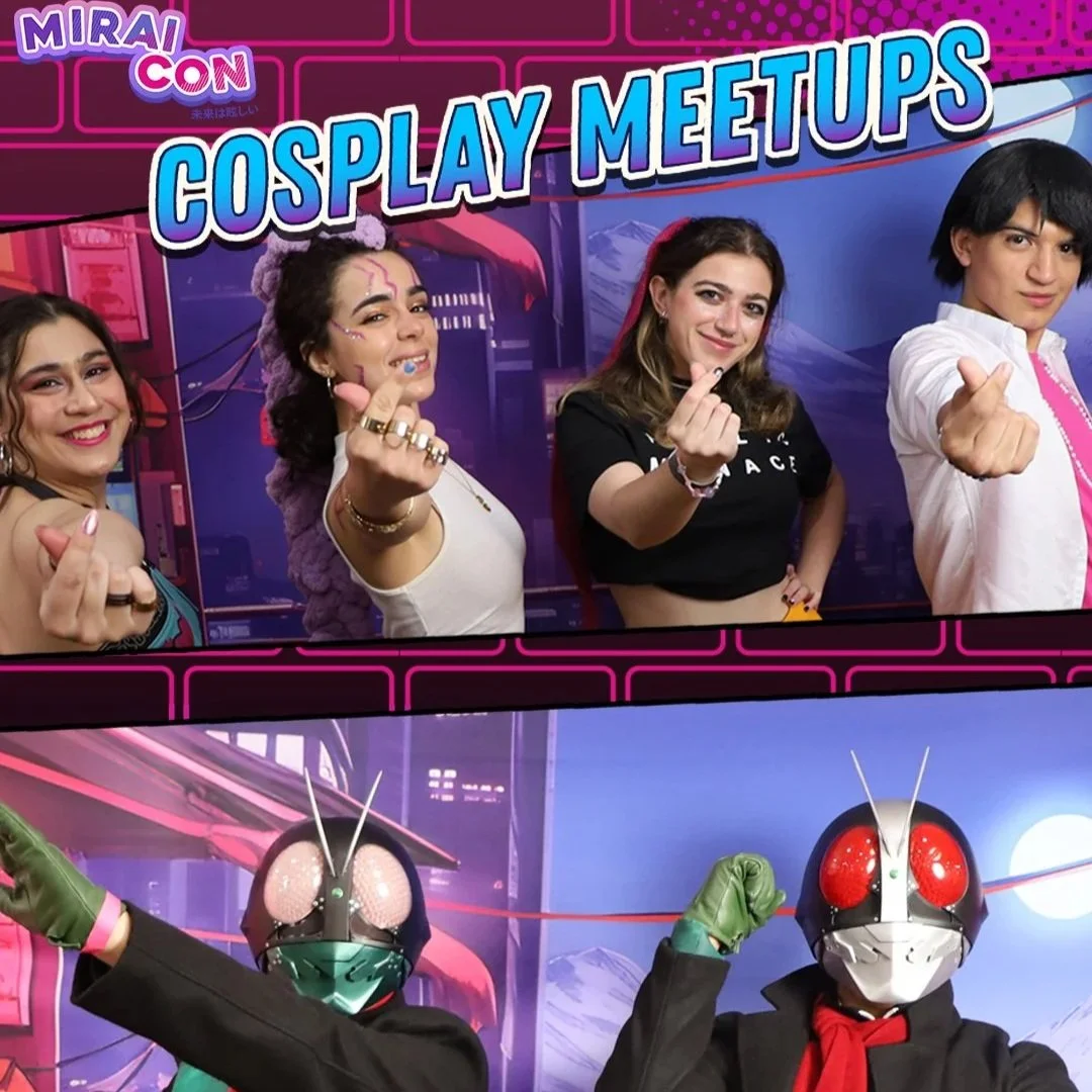 Four women posing with hand gestures in front of a colorful background promoting a cosplay meetup event, with two characters in costume resembling insects or bugs wearing masks and gloves in the foreground.