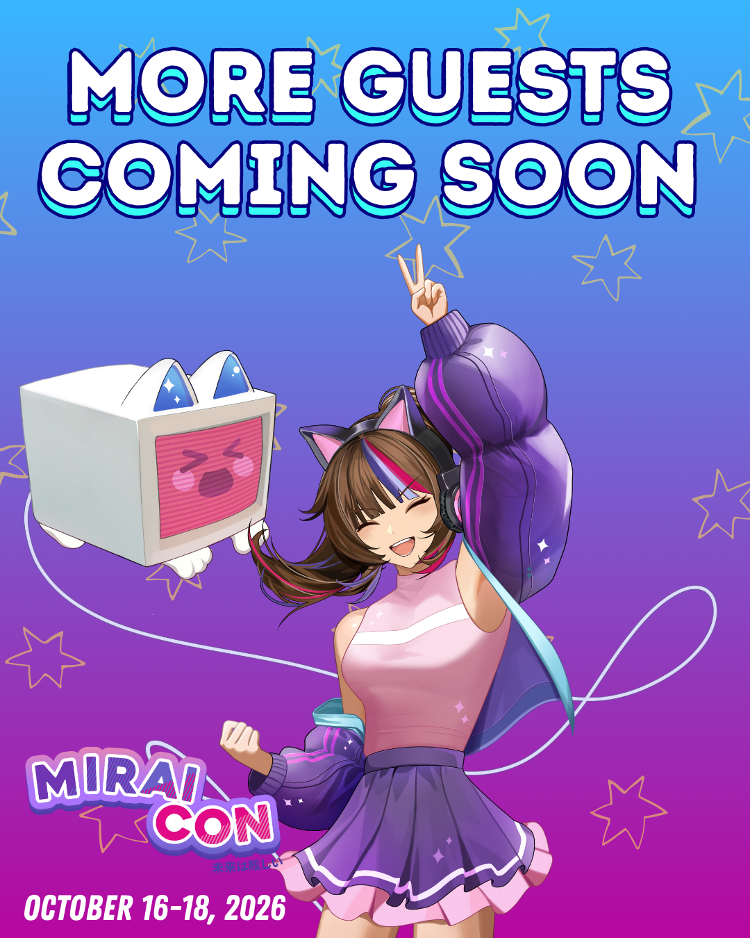 Illustration of animated characters from various shows and genres with a photo of Caitlin Glass, a voice actor and ADR director, in a circular frame at the bottom left corner. The image promotes Mirai Con, a convention featuring Caitlin Glass.