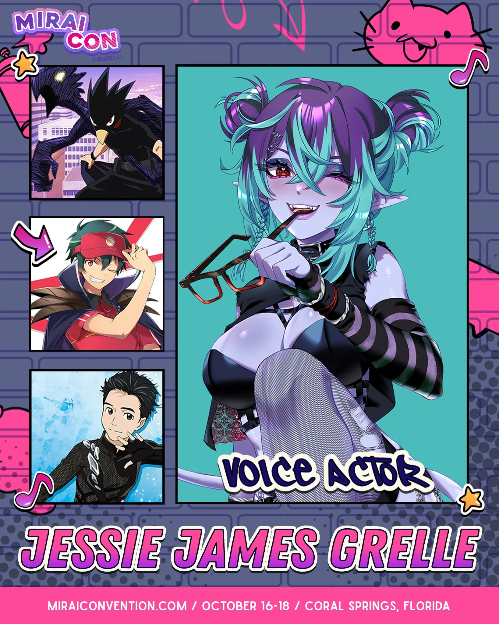 A promotional poster for MiraCon 2023 featuring voice actors, including Jessie James Grelle. The poster has cartoon-style illustrations of various anime characters, including a ninja-like character and a girl with teal hair and a playful expression. The event is held October 16-18 in Coral Springs, Florida, with the website miraiconvention.com for more information.
