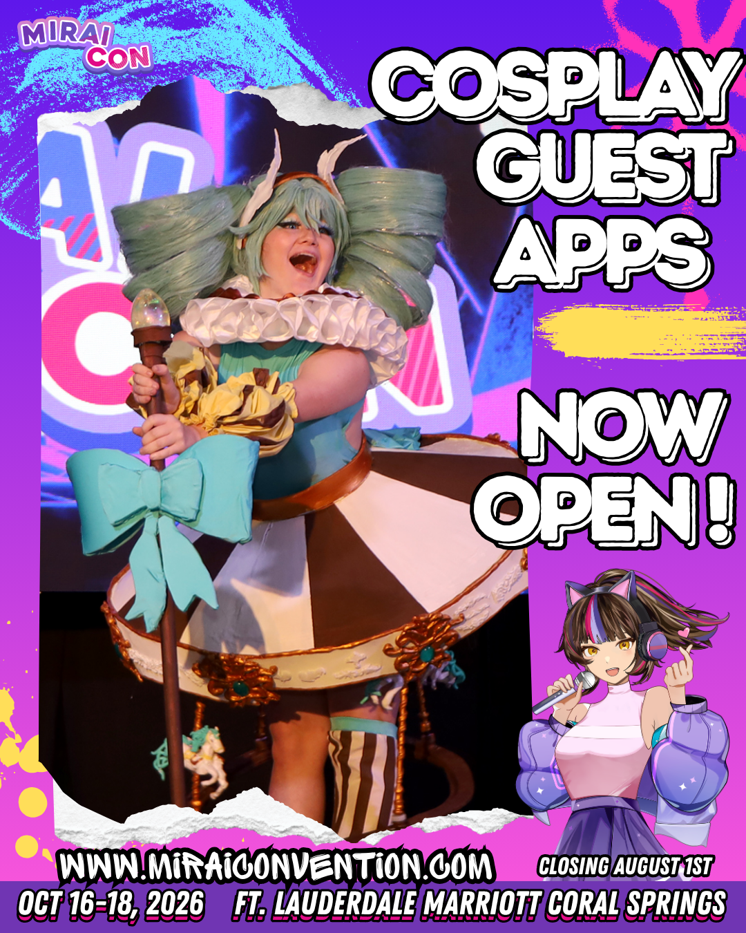 Colorful promotional poster for Miraicon featuring three cosplayers dressed as characters from anime or video games. The poster announces that applications are now open, with a deadline of August 1.