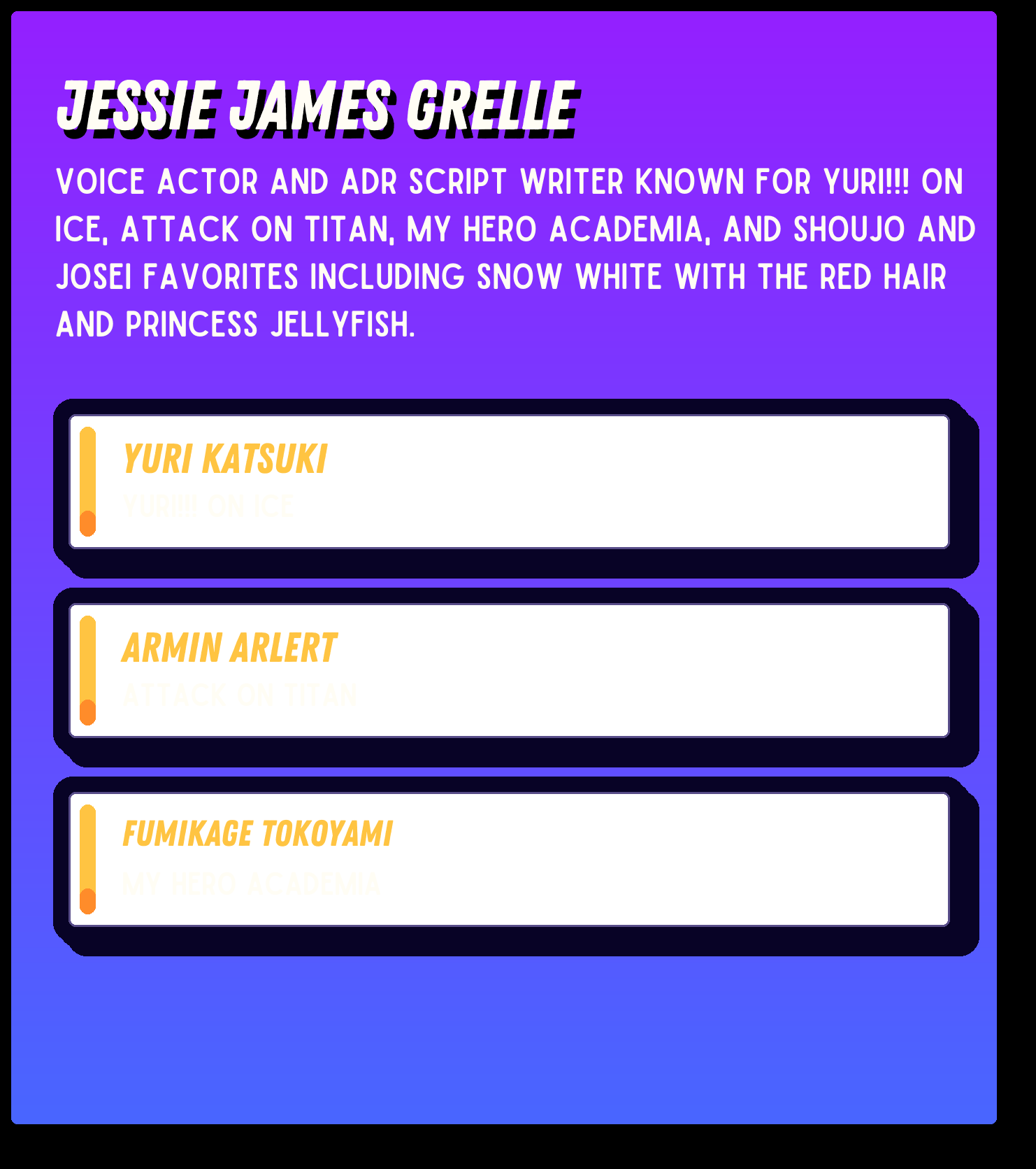 A digital character profile board with a purple background and black boxes containing names and descriptions of characters from 'My Hero Academia' and other anime, including Jessie James Grelle and Yuri Katsuki.