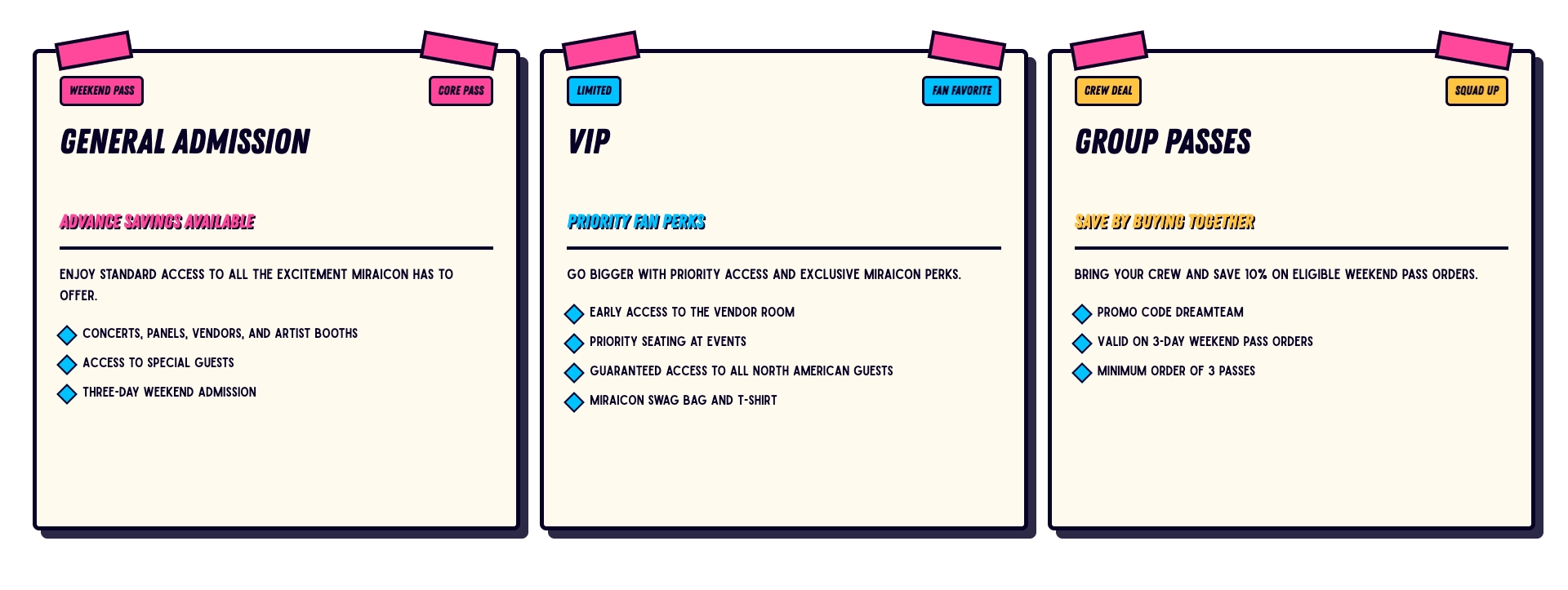 Three pages of festival or event passes, including general admission, VIP, and group passes, with details about access and discounts.