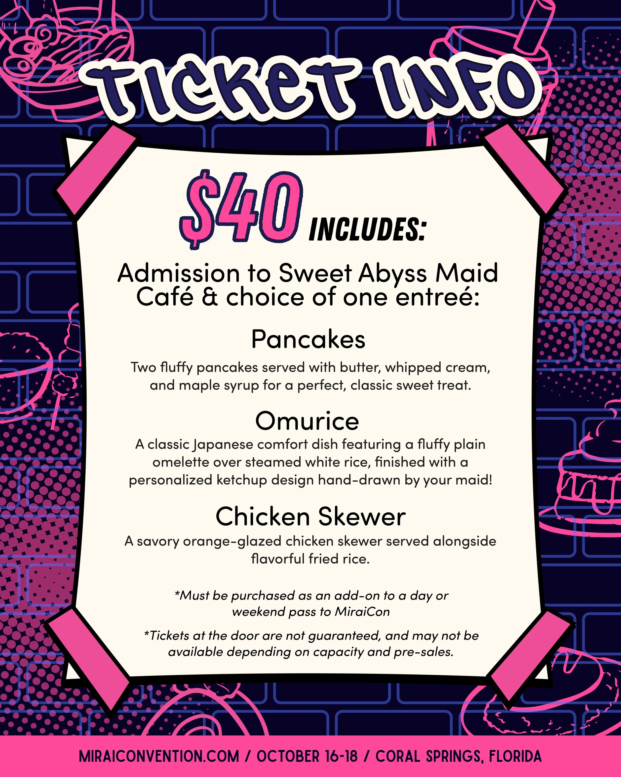 Ticket info sign for Mirai Con event, featuring prices, event details, and descriptions of food items including pancakes, omurice, and chicken skewers, with neon-themed graphics and event location details at the bottom.