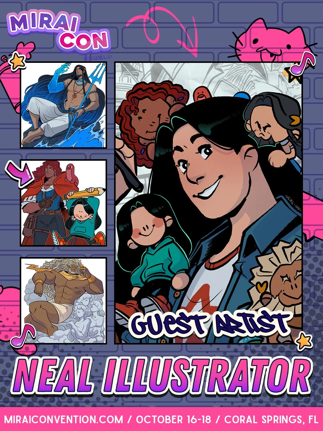 Promotional poster featuring various comic-style illustrations of characters, with a central photo of a woman and three children, marked as 'Guest Artist Neal Illustrator'. The background has colorful graffiti-style art and text indicating Mira Con at MiraCon, October 16-18 in Coral Springs, Florida.