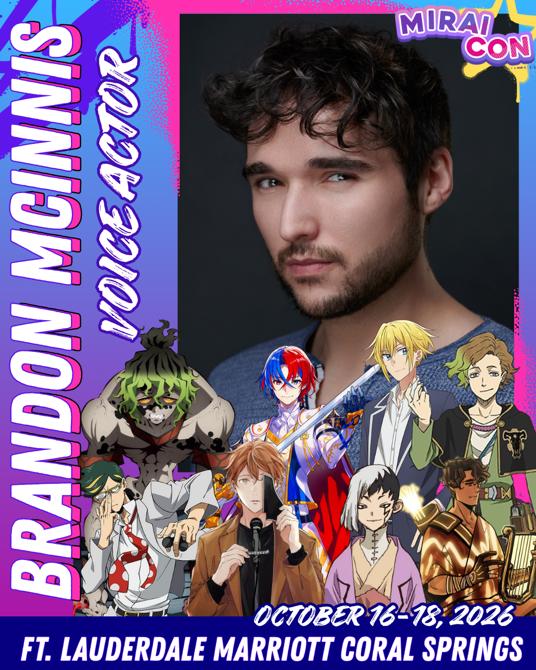 Announcement for Brandon McInnis, voice actor and singer, with various characters he's voiced including Sir Nighteye from My Here Academia, Gyutaro from Demon Slayer and Gen from Dr.Stone