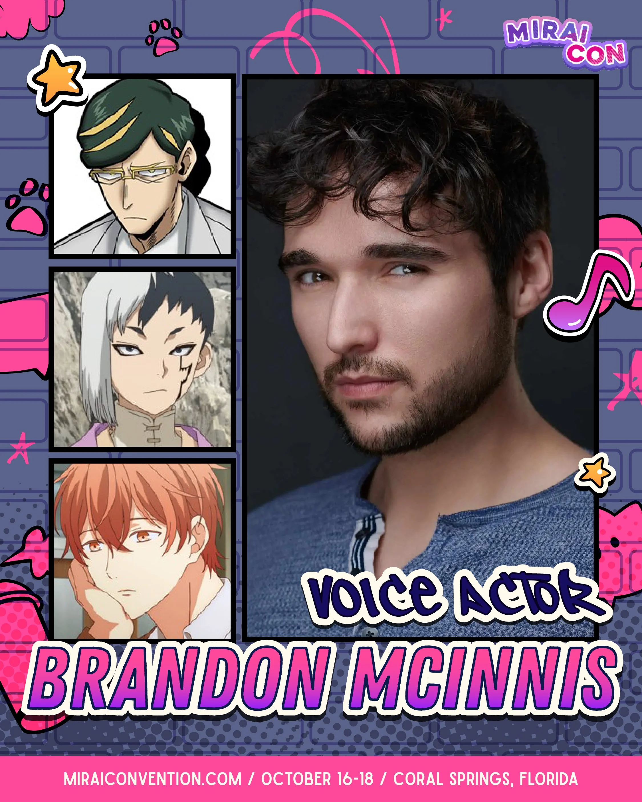 Announcement for Brandon McInnis, voice actor and singer, with various characters he's voiced including Sir Nighteye from My Here Academia, Gyutaro from Demon Slayer and Gen from Dr.Stone