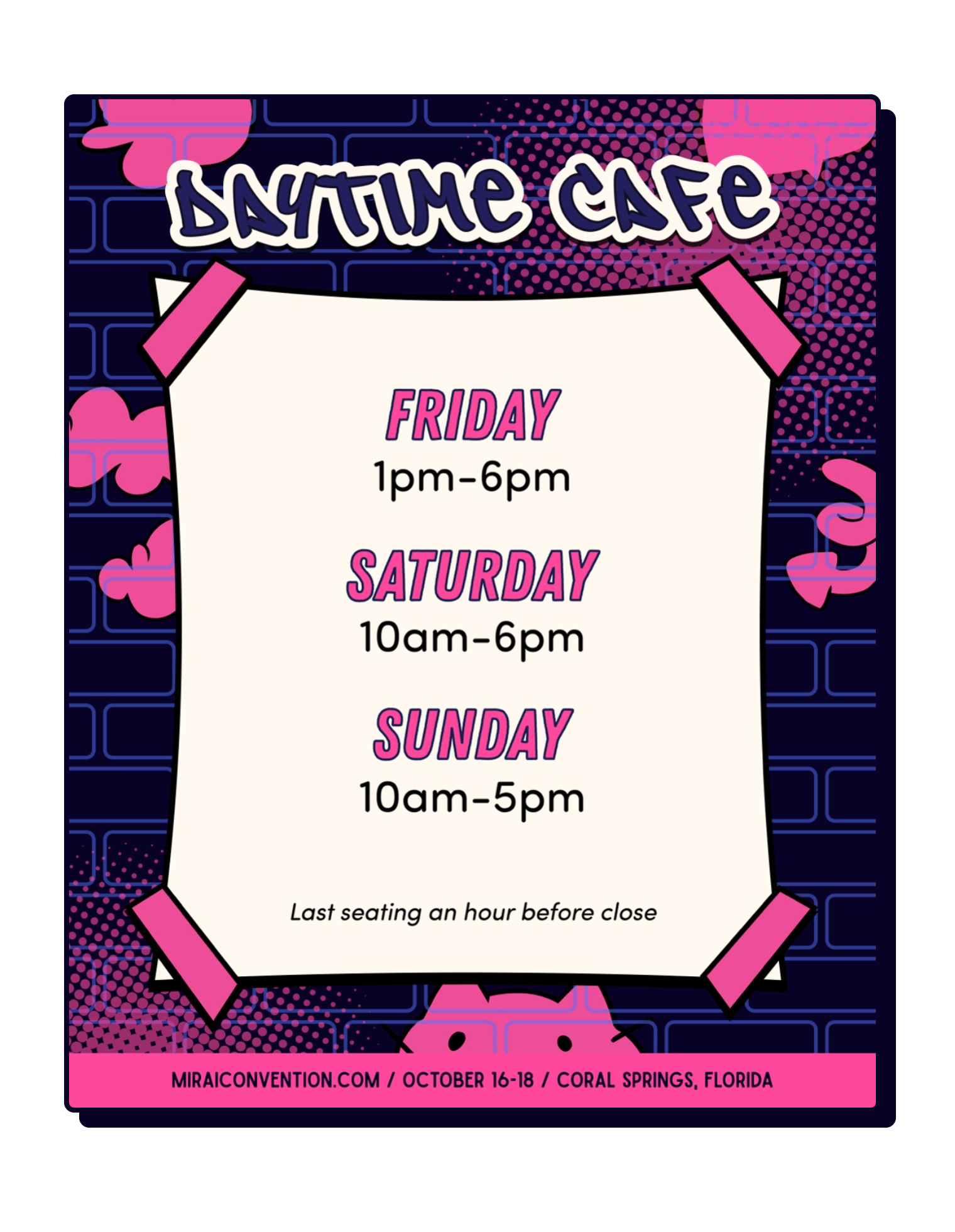 Poster for a daytime cafe event at MiraCon Convention, scheduled from October 16 to 18 in Coral Springs, Florida. The event hours are Friday 1pm-6pm, Saturday 10am-6pm, and Sunday 10am-5pm. The poster features a colorful, graffiti-inspired design with pink, purple, and dark blue elements.