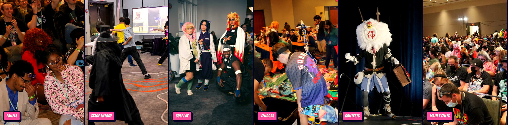 People attending a cosplay convention with various activities such as panels, stage performances, cosplaying, vendor booths, contests, and main events.