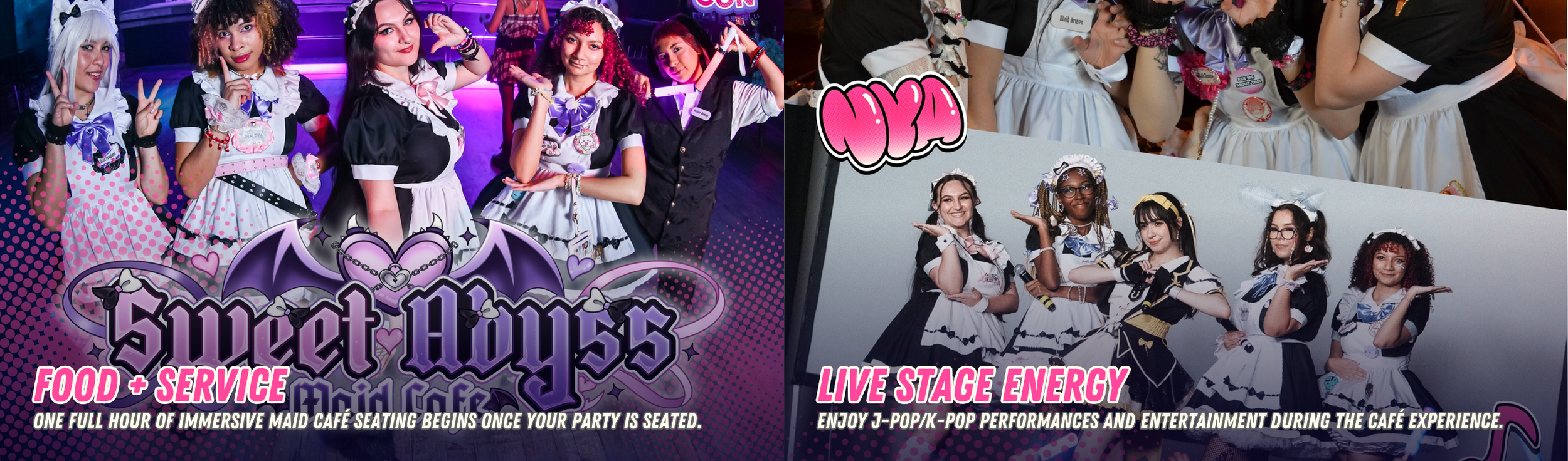 A promotional poster for an event called 'Sweet Abyss' featuring four groups of young women dressed in maid and cosplay costumes. The poster has vibrant colors, with the left side showing a group in black and white maid costumes with purple accents, and the right side showing two groups, one in black and white maid costumes and the other in elaborate cosplay outfits. Text on the poster promotes food, service, live stage performances, and entertainment during the cafe experience.