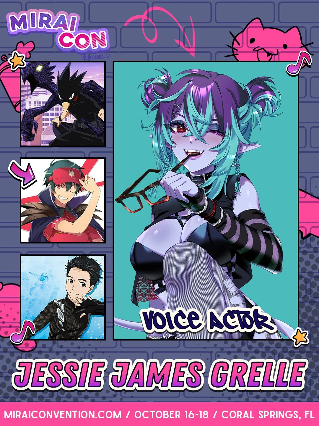 Colorful illustration featuring a central anime-style female voice actor with purple and teal hair, elf ears, and revealing goth-inspired attire holding glasses, surrounded by smaller images of other voice actors, and comic-styled design elements, including the name Jessie James Grelle and details about MiraCon convention in Coral Springs, Florida.