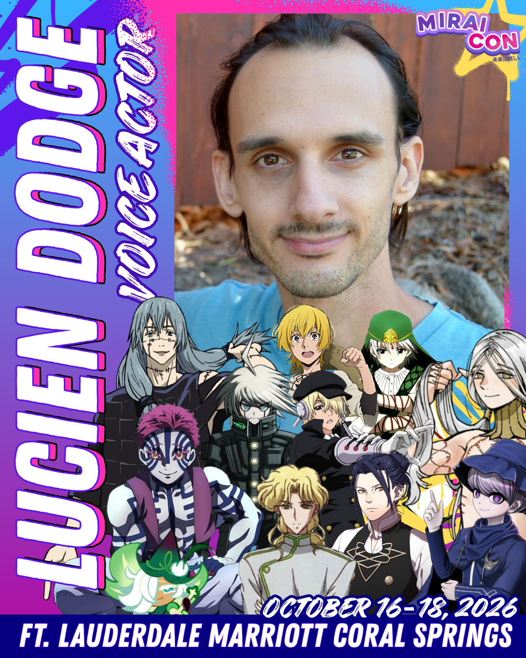 Promotional graphic showing various anime characters from Dragon Ball, Sailor Moon, One Piece, and other series, with a portrait of voice actor Monica Rial in the lower left corner and text indicating her as a special guest at MiraiCon.