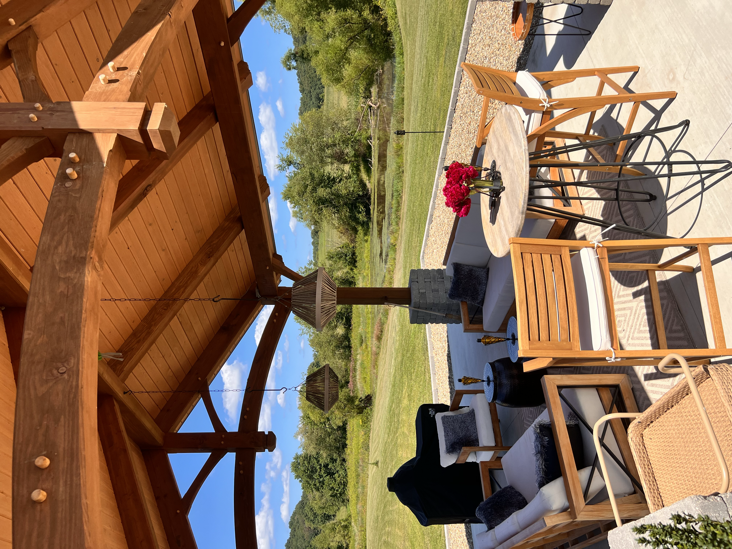 A true timber framed pavilion sits in the middle of Honey Fork with peaceful views