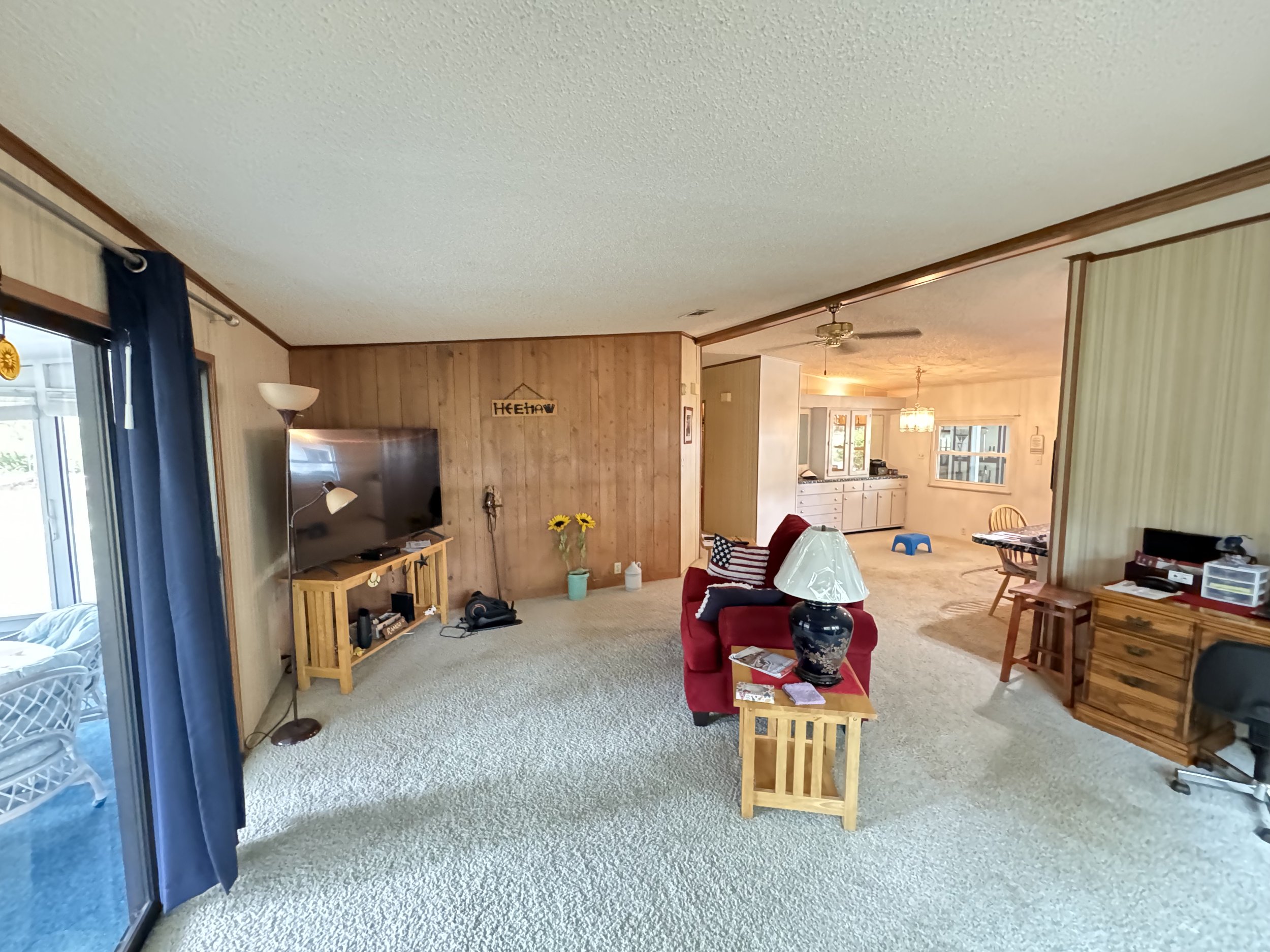 Living room with wooden wall paneling, sliding glass door with blue curtains, TV on a wooden stand, red sofa with pillows, lamp on side table, sunflower decor, and a distant dining area with a table, chairs, and bright lighting.